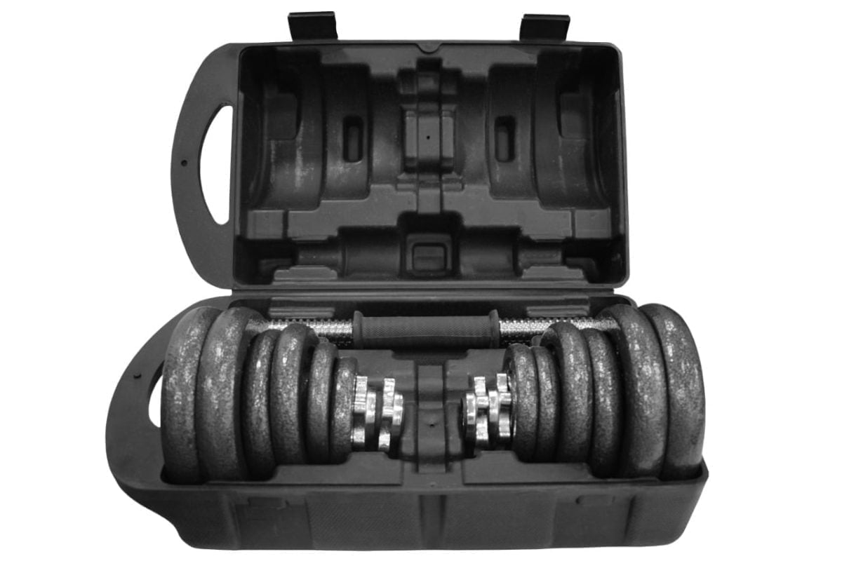 20 Kg Dumbbell Set With Case 5 Strength Training Is An Effective Way To Reduce Body Fat, Increase Lean Muscle Mass And Burn Calories. Adding The Fitness 20Kg Cast Iron Dumbbell Set To Your Fitness Program Is Perfect For Toning And Strengthening Your Upper And Lower Body. The Handy Case Helps Transport The Dumbbell Set Whilst Also Serving As An Excellent Storage Facility For Each Individual Component. Key Features • Carry Case With Handle For Storage. • 2 X Spinlock Collars. • 2 X 14” Spinlock Dumbbell Bars. • Cast Iron Weight Plates = 4 X 0.5 Kg, 4 X 1.25 Kg, 4 X 2.5 Kg. Dumbbell Set 20 Kg With Packing Case Dumbbell Set 20 Kg With Packing Case