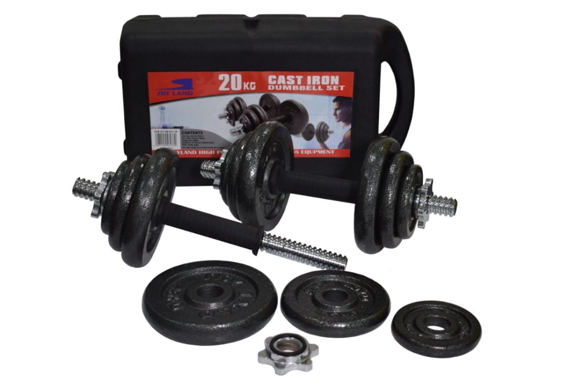 20 Kg Dumbbell Set With Case 6 Strength Training Is An Effective Way To Reduce Body Fat, Increase Lean Muscle Mass And Burn Calories. Adding The Fitness 20Kg Cast Iron Dumbbell Set To Your Fitness Program Is Perfect For Toning And Strengthening Your Upper And Lower Body. The Handy Case Helps Transport The Dumbbell Set Whilst Also Serving As An Excellent Storage Facility For Each Individual Component. Key Features • Carry Case With Handle For Storage. • 2 X Spinlock Collars. • 2 X 14” Spinlock Dumbbell Bars. • Cast Iron Weight Plates = 4 X 0.5 Kg, 4 X 1.25 Kg, 4 X 2.5 Kg. Dumbbell Set 20 Kg With Packing Case