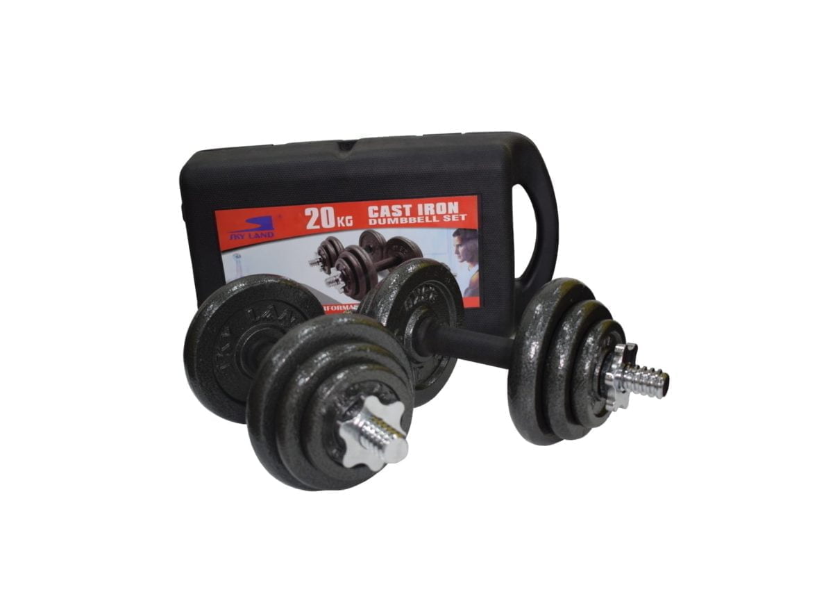 20 Kg Dumbbell Set With Case 7 1 Strength Training Is An Effective Way To Reduce Body Fat, Increase Lean Muscle Mass And Burn Calories. Adding The Fitness 20Kg Cast Iron Dumbbell Set To Your Fitness Program Is Perfect For Toning And Strengthening Your Upper And Lower Body. The Handy Case Helps Transport The Dumbbell Set Whilst Also Serving As An Excellent Storage Facility For Each Individual Component. Key Features • Carry Case With Handle For Storage. • 2 X Spinlock Collars. • 2 X 14” Spinlock Dumbbell Bars. • Cast Iron Weight Plates = 4 X 0.5 Kg, 4 X 1.25 Kg, 4 X 2.5 Kg. Dumbbell Set 20 Kg With Packing Case Dumbbell Set 20 Kg With Packing Case