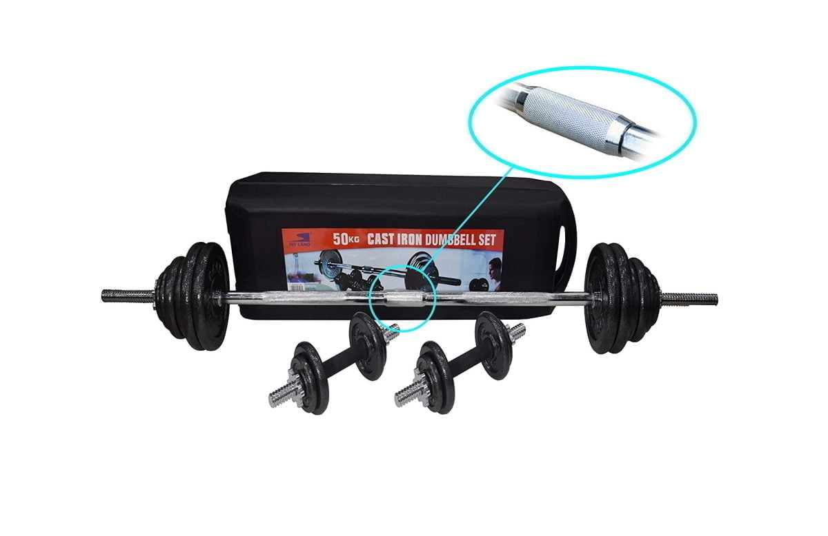 71Pqnvh67Zl. Ac Sl1500 The Fitness 50 Kg Barbell / Dumbbell Set Is Designed To Work Out The Whole Body, From Legs And Back When Squatting To Arms And Abdominals When Performing Chest Presses. The Ability To Target Specific Muscle Groups Makes The 50 Kg A Versatile Addition To Your Home Gym Set Up. Total Weight Of All Pieces = 50 Kg &Lt;Ul&Gt; &Lt;Li&Gt;6 X 0.5 Kg Cast Iron Weight Plates&Lt;/Li&Gt; &Lt;Li&Gt;6 X 1.25 Kg Cast Iron Weight Plates&Lt;/Li&Gt; &Lt;Li&Gt;4 X 2.5 Kg Cast Iron Weight Plates&Lt;/Li&Gt; &Lt;Li&Gt;4 X 5 Kg Cast Iron Weight Plates&Lt;/Li&Gt; &Lt;Li&Gt;2 X 14&Quot; Chrome Spinlock Dumbbell Bars&Lt;/Li&Gt; &Lt;Li&Gt;&Quot;One Piece&Quot; Solid Steel Chrome Finished Spinlock Barbell&Lt;/Li&Gt; &Lt;Li&Gt;6 X Chrome Spinlock Collars.&Lt;/Li&Gt; &Lt;/Ul&Gt; 50 Kg Cast Iron Barbell And Dumbbell Set With Packing Case
