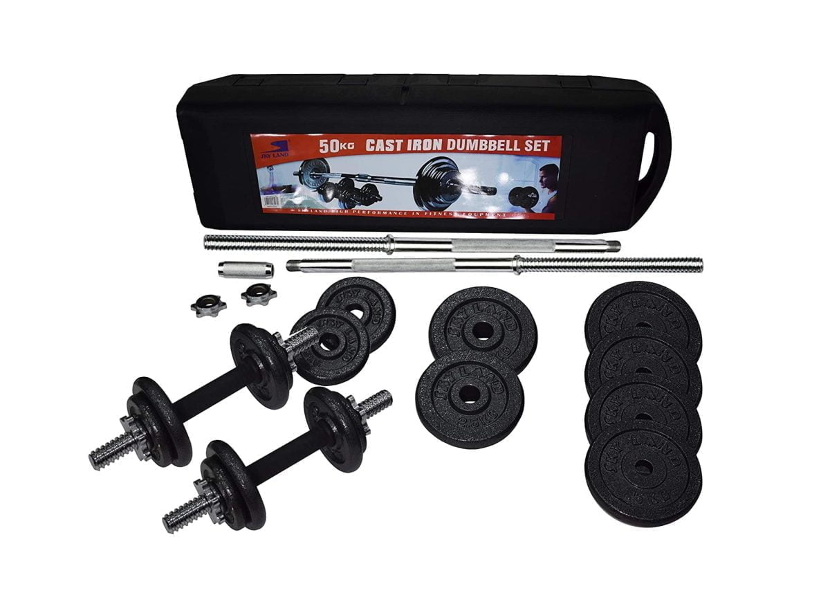 813Zzbsazkl. Ac Sl1500 The Fitness 50 Kg Barbell / Dumbbell Set Is Designed To Work Out The Whole Body, From Legs And Back When Squatting To Arms And Abdominals When Performing Chest Presses. The Ability To Target Specific Muscle Groups Makes The 50 Kg A Versatile Addition To Your Home Gym Set Up. Total Weight Of All Pieces = 50 Kg &Lt;Ul&Gt; &Lt;Li&Gt;6 X 0.5 Kg Cast Iron Weight Plates&Lt;/Li&Gt; &Lt;Li&Gt;6 X 1.25 Kg Cast Iron Weight Plates&Lt;/Li&Gt; &Lt;Li&Gt;4 X 2.5 Kg Cast Iron Weight Plates&Lt;/Li&Gt; &Lt;Li&Gt;4 X 5 Kg Cast Iron Weight Plates&Lt;/Li&Gt; &Lt;Li&Gt;2 X 14&Quot; Chrome Spinlock Dumbbell Bars&Lt;/Li&Gt; &Lt;Li&Gt;&Quot;One Piece&Quot; Solid Steel Chrome Finished Spinlock Barbell&Lt;/Li&Gt; &Lt;Li&Gt;6 X Chrome Spinlock Collars.&Lt;/Li&Gt; &Lt;/Ul&Gt; 50 Kg Cast Iron Barbell And Dumbbell Set With Packing Case 50 Kg Cast Iron Barbell And Dumbbell Set With Packing Case