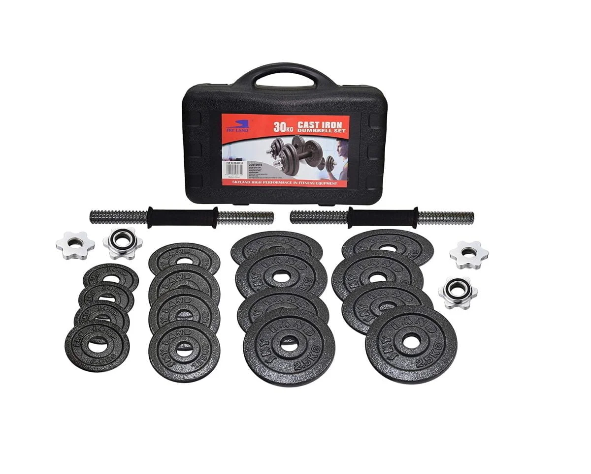 The Fitness 30 Kg Cast Iron Dumbbell Set Is Designed For Home Toning And Strength Workout Usage. The Traditional 1″ Standard Cast Plate Design Is Easy To Pick Up And Load Onto The Bars With The Quality Spinlock Collars Ensuring A Safe And Secure Fit On The Bar, Along With Quick Plate Changes. The Knurled Black Dumbbell Sleeves Ensures A Great Grip Whilst Working Out. The Dumbbell Set Can Be Used For A Wide Range Of Exercises To Help Pump Your Muscles And Tone Your Arms. Dumbbell Set 30 Kg With Case Dumbbell Set 30 Kg With Case
