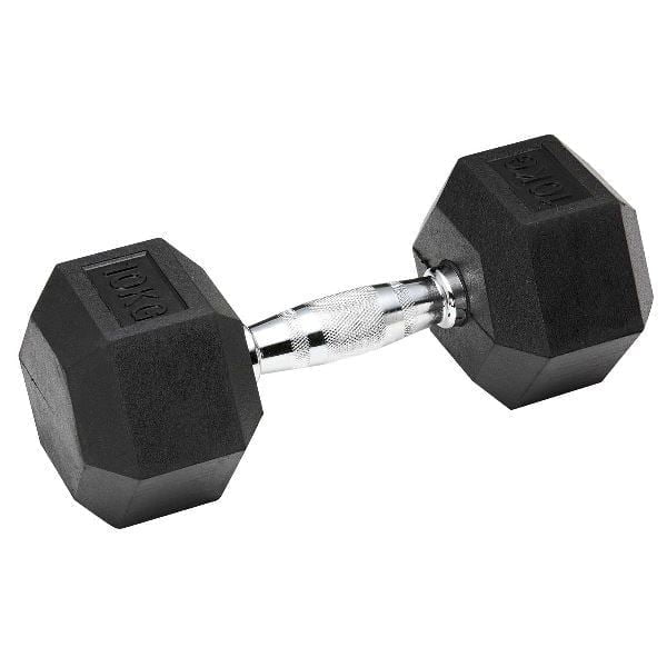 Rubber Hex Dumbbell That Doesnt Roll Or Damage Your Floor 10 Kg Hex Dumbbells Are A Relatively Cheap Workout Enhancer, Increasing The Intensity Of Squat And Lunge Exercises As Well As A Variety Of Strength Training Exercises. The Hexagon Shape Stops Them From Rolling, And The Rubber Coating Prevents Damaging The Floor, Making Them Safe And Popular For Home Use. Hex Dumbbells Are Available In A Wide Range Of Weight Categories To Coordinate With Your Workout Regimen. Dumbbell 10 Kg Hex Rubber Dumbbell 10 Kg