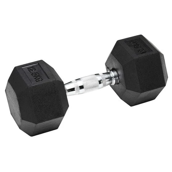 Rubber Hex Dumbbell That Doesnt Roll Or Damage Your Floor 12.5 Kg Hex Dumbbells Are A Relatively Cheap Workout Enhancer, Increasing The Intensity Of Squat And Lunge Exercises As Well As A Variety Of Strength Training Exercises. The Hexagon Shape Stops Them From Rolling, And The Rubber Coating Prevents Damaging The Floor, Making Them Safe And Popular For Home Use. Hex Dumbbells Are Available In A Wide Range Of Weight Categories To Coordinate With Your Workout Regimen. Dumbbell 12.5 Kg Hex Rubber Dumbbell 12.5 Kg