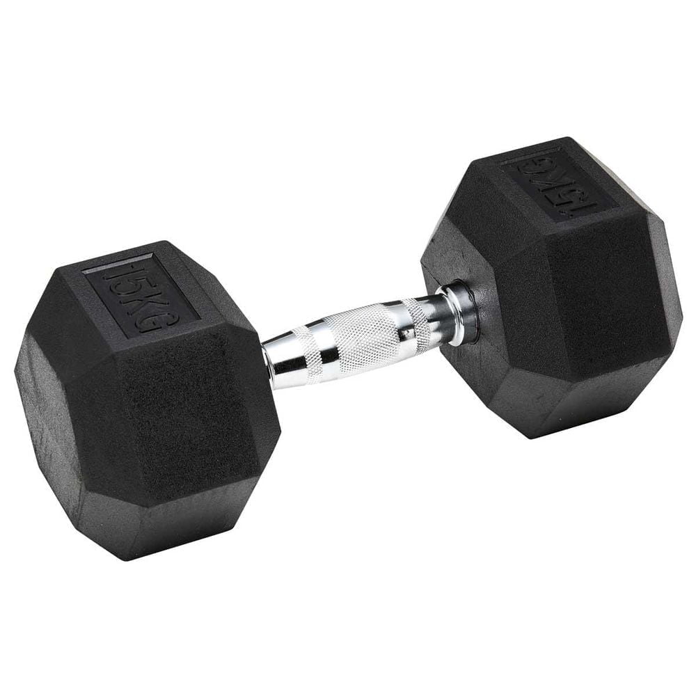 Rubber Hex Dumbbell That Doesnt Roll Or Damage Your Floor 15 Kg Hex Dumbbells Are A Relatively Cheap Workout Enhancer, Increasing The Intensity Of Squat And Lunge Exercises As Well As A Variety Of Strength Training Exercises. The Hexagon Shape Stops Them From Rolling, And The Rubber Coating Prevents Damaging The Floor, Making Them Safe And Popular For Home Use. Hex Dumbbells Are Available In A Wide Range Of Weight Categories To Coordinate With Your Workout Regimen. Hex Rubber Dumbbell 15 Kg