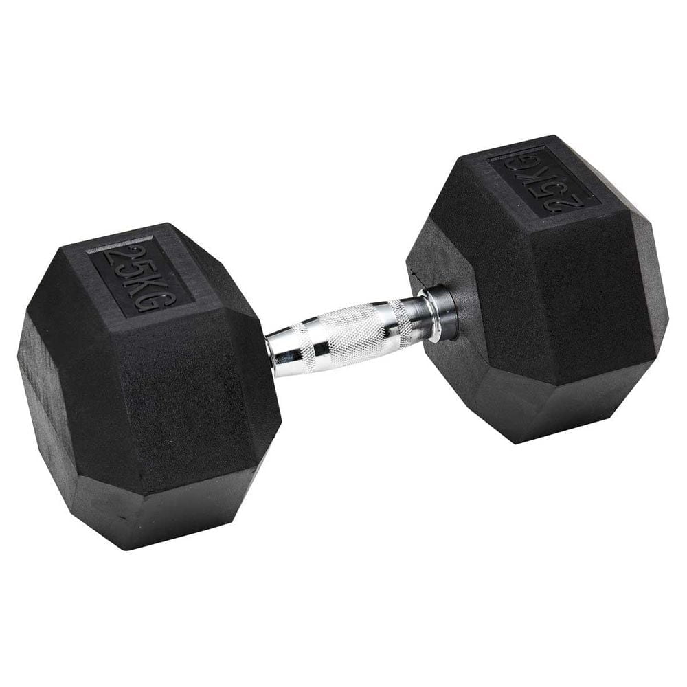 Rubber Hex Dumbbell That Doesnt Roll Or Damage Your Floor 25 Kg Hex Dumbbells Are A Relatively Cheap Workout Enhancer, Increasing The Intensity Of Squat And Lunge Exercises As Well As A Variety Of Strength Training Exercises. The Hexagon Shape Stops Them From Rolling, And The Rubber Coating Prevents Damaging The Floor, Making Them Safe And Popular For Home Use. Hex Dumbbells Are Available In A Wide Range Of Weight Categories To Coordinate With Your Workout Regimen. Hex Rubber Dumbbell 25 Kg Hex Rubber Dumbbell 25 Kg