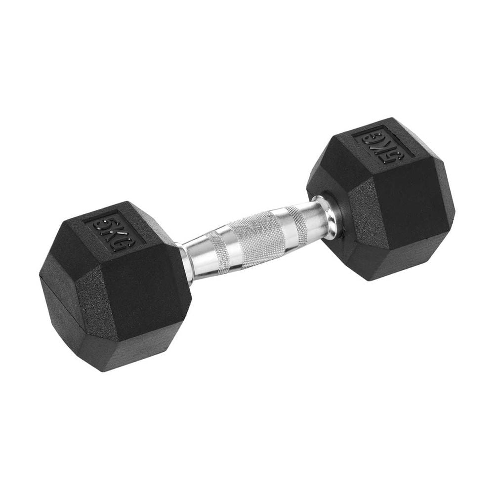 Rubber Hex Dumbbell That Doesnt Roll Or Damage Your Floor 5 Kg Hex Dumbbells Are A Relatively Cheap Workout Enhancer, Increasing The Intensity Of Squat And Lunge Exercises As Well As A Variety Of Strength Training Exercises. The Hexagon Shape Stops Them From Rolling, And The Rubber Coating Prevents Damaging The Floor, Making Them Safe And Popular For Home Use. Hex Dumbbells Are Available In A Wide Range Of Weight Categories To Coordinate With Your Workout Regimen. Hex Rubber Dumbbell 5 Kg Hex Rubber Dumbbell 5 Kg