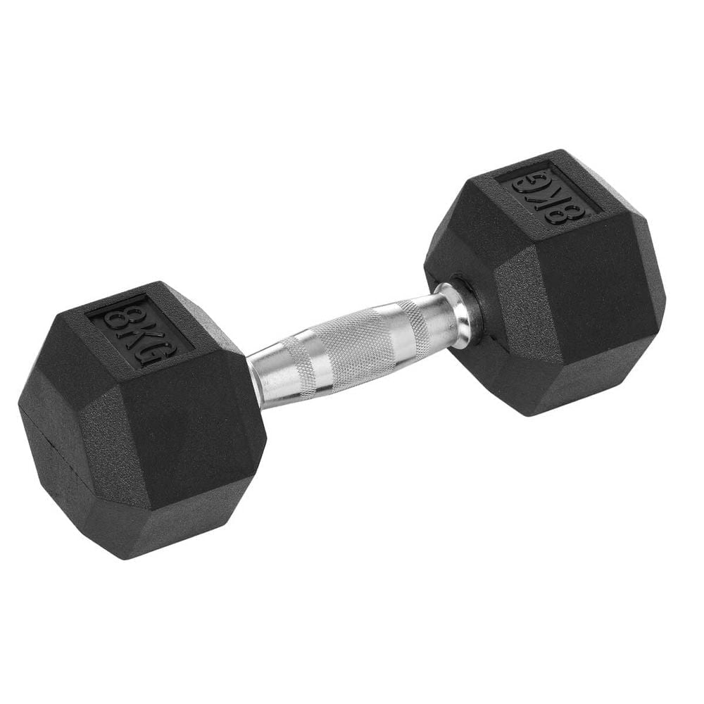 Rubber Hex Dumbbell That Doesnt Roll Or Damage Your Floor 8 Kg Hex Dumbbells Are A Relatively Cheap Workout Enhancer, Increasing The Intensity Of Squat And Lunge Exercises As Well As A Variety Of Strength Training Exercises. The Hexagon Shape Stops Them From Rolling, And The Rubber Coating Prevents Damaging The Floor, Making Them Safe And Popular For Home Use. Hex Dumbbells Are Available In A Wide Range Of Weight Categories To Coordinate With Your Workout Regimen. Hex Rubber Dumbbell 8 Kg Hex Rubber Dumbbell 8 Kg