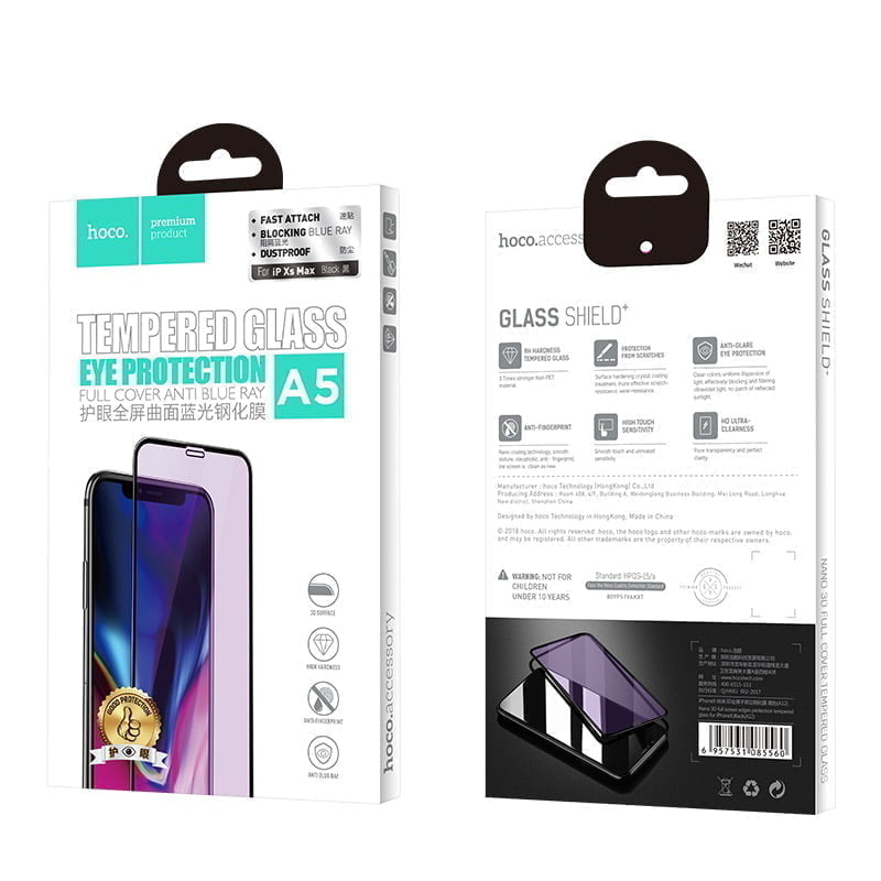 Hoco New 3D Quick Adhesive Anti Blue Ray Tempered Glass For A5 Iphone Xr Package Hoco 3D Quick Adhesive Anti-Blue Ray Tempered Glass A5 For Xs Max Black 3D Touch Supports Full Fit Display Protection. Iphone Xs Max (3D Quick Adhesive A5) Anti Blue Ray Tempered Glass (Black)