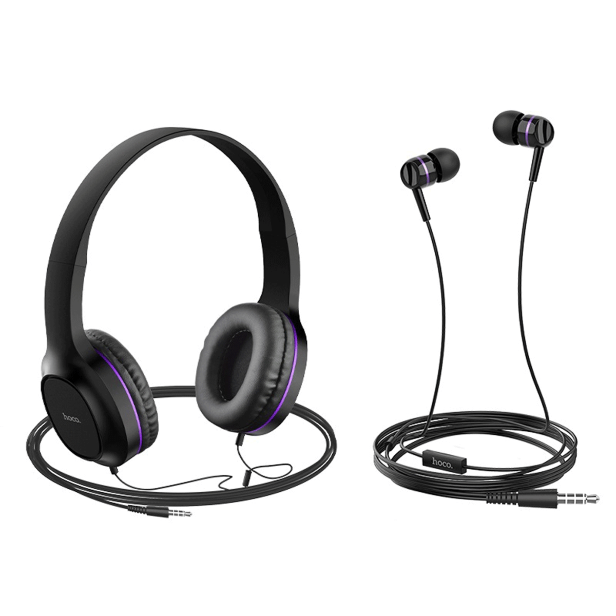 Hoco W24 Enlighten Headphones Wieth Mic Set Purple Hoco Headphones And Earphones W24 With In Line Mic - Purple