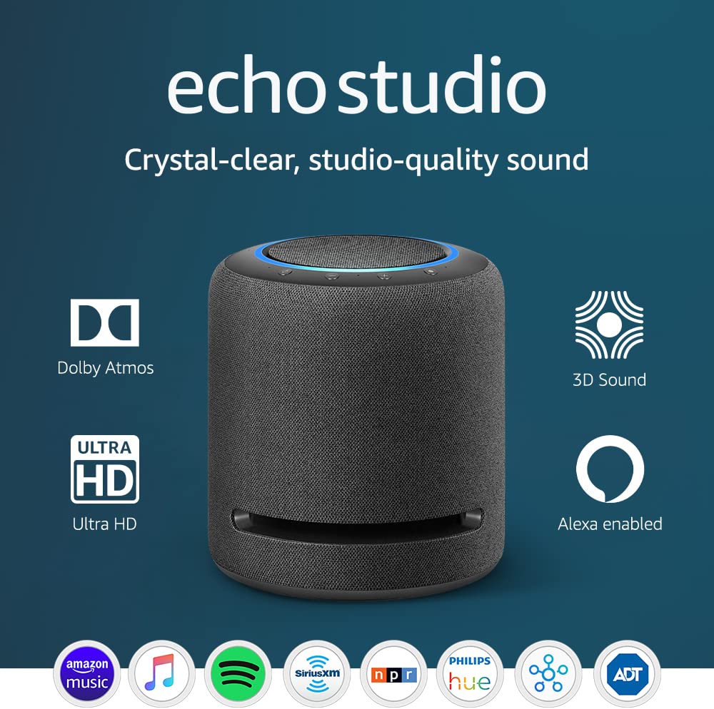 81Mznhtxr3L. Ac Sl1000 Amazon &Lt;H1&Gt;Echo Studio - High-Fidelity Smart Speaker With 3D Audio And Alexa&Lt;/H1&Gt; &Lt;Ul Class=&Quot;A-Unordered-List A-Vertical A-Spacing-Mini&Quot;&Gt; &Lt;Li&Gt;&Lt;Span Class=&Quot;A-List-Item&Quot;&Gt;Immersive Sound – 5 Speakers Produce Powerful Bass, Dynamic Midrange, And Crisp Highs. Dolby Atmos Technology Adds Space, Clarity, And Depth.&Lt;/Span&Gt;&Lt;/Li&Gt; &Lt;Li&Gt;&Lt;Span Class=&Quot;A-List-Item&Quot;&Gt;Ready To Help - Ask Alexa To Play Music, Read The News, And Answer Questions.&Lt;/Span&Gt;&Lt;/Li&Gt; &Lt;Li&Gt;&Lt;Span Class=&Quot;A-List-Item&Quot;&Gt;Voice Control Your Music - Stream Songs From Amazon Music, Apple Music, Spotify, Pandora, Tidal, And More. With Amazon Music Hd, Listen To 70 Million Songs In The Highest Quality Audio Formats Available: Hd, Ultra Hd, And 3D Formats Like Dolby Atmos.&Lt;/Span&Gt;&Lt;/Li&Gt; &Lt;Li&Gt;&Lt;Span Class=&Quot;A-List-Item&Quot;&Gt;Adapts To Any Room - Automatically Senses The Acoustics Of Your Space, Fine-Tuning Playback For Optimal Sound.&Lt;/Span&Gt;&Lt;/Li&Gt; &Lt;Li&Gt;&Lt;Span Class=&Quot;A-List-Item&Quot;&Gt;Built-In Smart Home Hub - Ask Alexa To Control Zigbee-Compatible Devices.&Lt;/Span&Gt;&Lt;/Li&Gt; &Lt;Li&Gt;&Lt;Span Class=&Quot;A-List-Item&Quot;&Gt;Keep Your Family In Sync - Use Your Alexa Devices Like An Intercom And Talk To Any Room In The House With Drop In And Announcements.&Lt;/Span&Gt;&Lt;/Li&Gt; &Lt;Li&Gt;&Lt;Span Class=&Quot;A-List-Item&Quot;&Gt;Designed To Protect Your Privacy – Amazon Is Not In The Business Of Selling Your Personal Information To Others. Built With Multiple Layers Of Privacy Controls Including A Mic Off Button.&Lt;/Span&Gt;&Lt;/Li&Gt; &Lt;/Ul&Gt; &Lt;Strong&Gt;Included In The Box: Echo Studio, Power Cable, Quick Start Guide&Lt;/Strong&Gt; Amazon Echo Studio Amazon Echo Studio - High-Fidelity Smart Speaker With 3D Audio And Alexa
