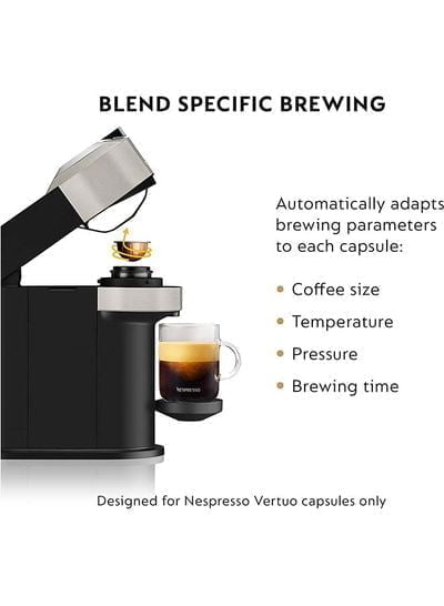 N48646707A 5 نيسبريسو &Lt;H1&Gt;آلة تحضير القهوة والإسبريسو من فيرتو نكست بتقنية الطرد المركزي مع واي فاي وبلوتوث 1500 واط Env120Gyxn910B رمادي&Lt;/H1&Gt;
تأتي آلة صنع القهوة Nespresso Vertuo Next بتصميم وألوان جديدة تمامًا لتجربة تخمير مثالية. بالإضافة إلى الإسبريسو الأصلي ، تنتج Nespresso Vertuo Next فنجانًا استثنائيًا من القهوة بطبقة ناعمة من الكريمة ، وهو ما يميز فنجان قهوة رائع حقًا. تقوم آلة Vertuo لصنع القهوة والإسبريسو بإعداد 5 ، 8 ، 14 ، 18 أونصة من القهوة بالإضافة إلى جرعات إسبريسو مفردة ومزدوجة. تجمع نسبريسو خبرة جميع خبراء القهوة لديها ، الذين اختاروا بعناية أصل كل مزيج قهوة وتحميصه ، وأنشأوا نظام تخمير باستخدام تقنية الطرد المركزي ، وهي تقنية استخلاص حاصلة على براءة اختراع طورتها نسبريسو. ما عليك سوى إدخال كبسولة يرتو وإغلاق الرافعة ، عند تفعيلها ، تدور الكبسولة ، وتخلط البن المطحون بالماء وتستخرج كل قطرة من النكهة. يتعرف نظام التخمير الدقيق على كل كبسولة ويضبط تلقائيًا معلمات التخمير لتقديم أفضل نتيجة في الكوب. تشتمل كل آلة على مجموعة ترحيب مجانية من 12 كبسولة Nespresso Vertuo مع خصائص رائحة فريدة. آلة صنع القهوة فيرتو نكست – ماكينة تحضير القهوة والإسبريسو بالكابسولة مع واي فاي وبلوتوث – رمادي