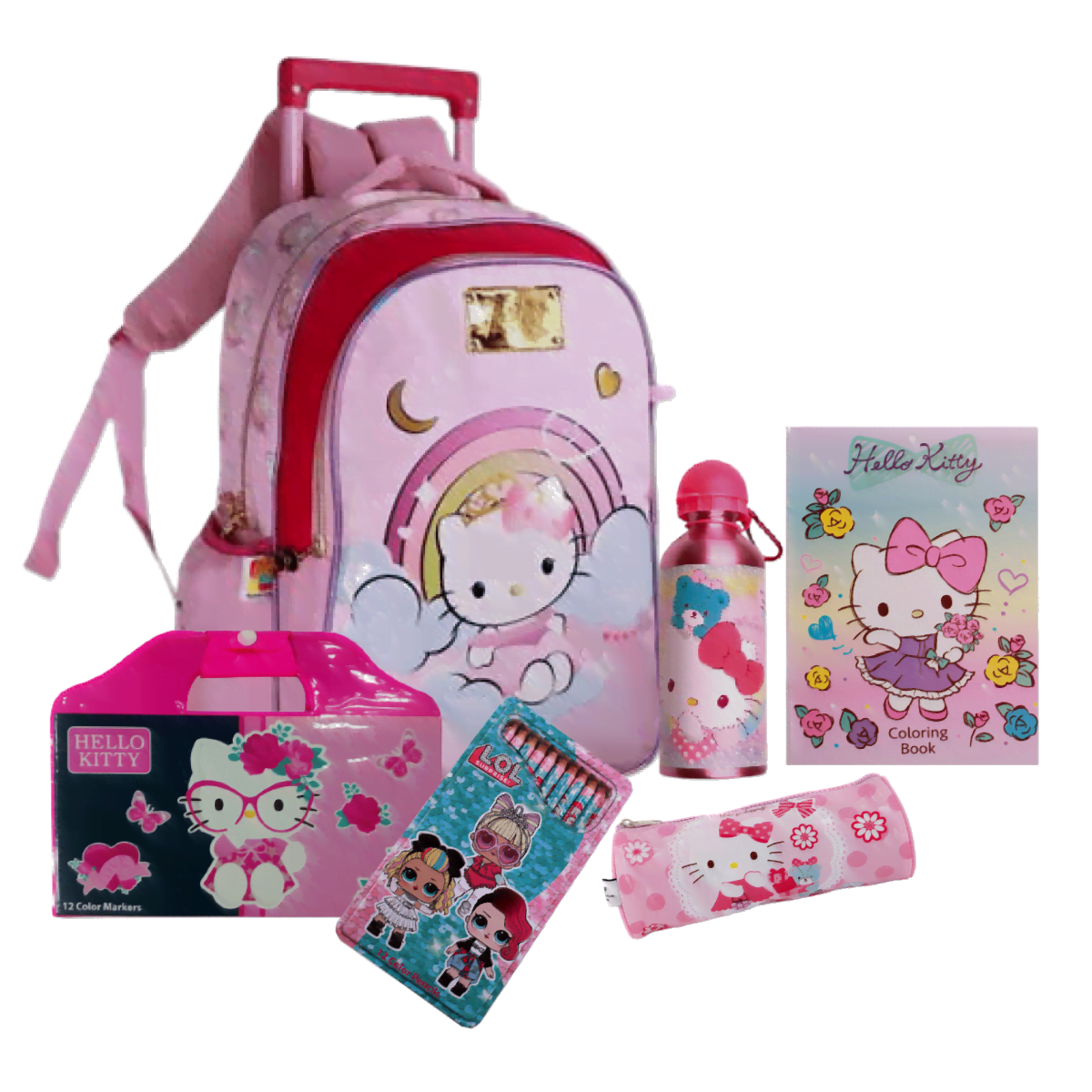 Hello Kitty Min Rainbow Max &Amp;Lt;H1&Amp;Gt;Hello Kitty Girls Combo Gift-Pack (Back To School)&Amp;Lt;/H1&Amp;Gt; The Trolley Bag Is A Reliable Companion For Your Journey. The Trolley Features A Main Zip Compartment To Keep Your Child'S Belonging Or School Items. The Trolley Has A Comfortable Handle On The Top. This Hello Kitty Coloring Book Contains 16 Sheets Of Themed Characters To Color In. It Also Has 8 Pages, 2 Stickers. A Beautiful Coloring Book For Your Little One. Kids Will Have The Perfect Time At School With These School Accessories.  The Hello Kitty Aluminum Water Is Highly Fashionable And Practical! You Heard That Right A Travel Water Bottle That Is Amazingly Trendy And Is Made To Last A Lifetime. This Bottle Will Keep Your Beverage Of Choice Hot Or Cold For Hours. Get Your Kids Ready To Go Back To School With This Premium Pencil Case That Keeps Their Pencils, Markers &Amp;Amp; More Ready For Quick Access. Back To School Hello Kitty Girls Combo Gift-Pack