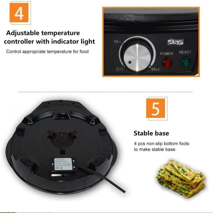 95937 3 4D4E0E &Lt;H1&Gt;Dsp Professional Crepe Maker&Lt;/H1&Gt; &Lt;Div&Gt; &Lt;Div Id=&Quot;Pastingspan1&Quot;&Gt; &Lt;Div Id=&Quot;Pastingspan1&Quot;&Gt; Voltage:220-240V~50/60Hz Output:1000-1200W Flat Plate Overheat Protection Power On/Ready Indicator Light; Adjustable Temperature Controller; Cord-Wrap Storage; Accessories: Two Wooden Sticks &Lt;/Div&Gt; &Lt;/Div&Gt; &Lt;Div&Gt;&Lt;/Div&Gt; &Lt;/Div&Gt; Crepe Maker Crepe Maker - Kc3018