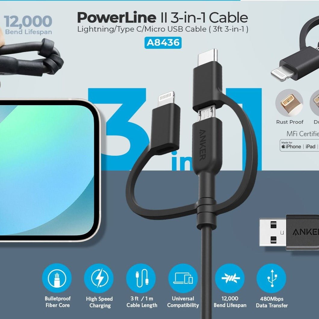 Anker Powerline Ii 3 In 1 Charging Cable 3Ft