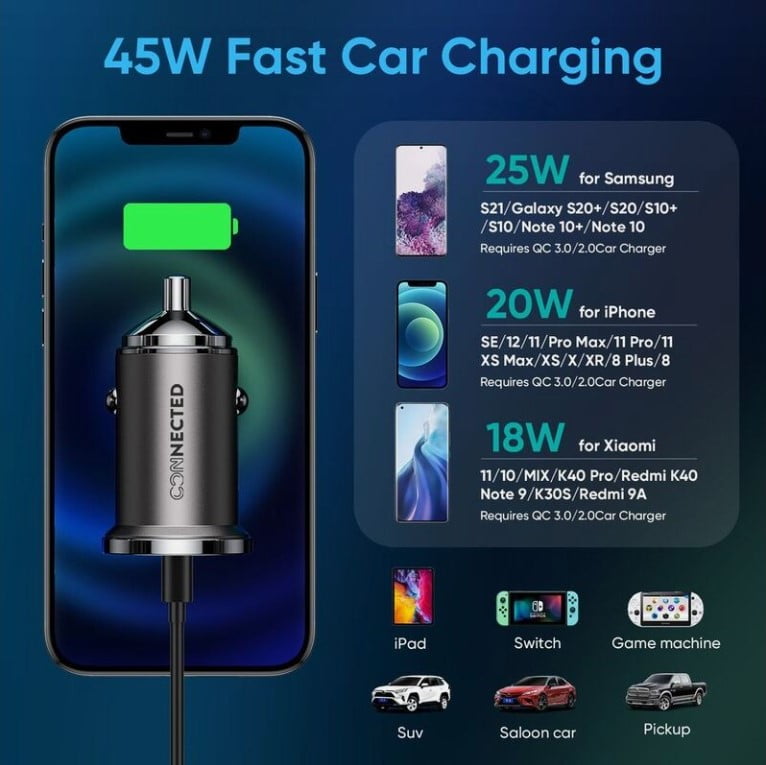 Connected Iron-45 Car Charger 45W Usb-A 3.0 / Usb-C 35W