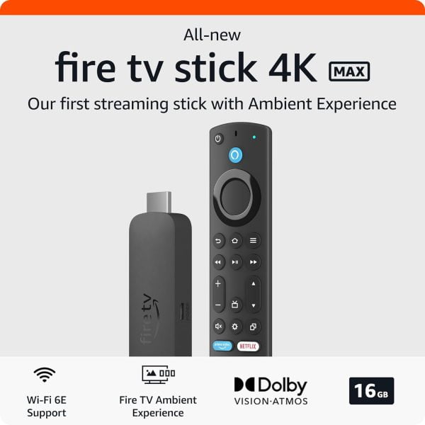 Amazon Fire TV Stick 4K Max streaming device, supports Wi-Fi 6E