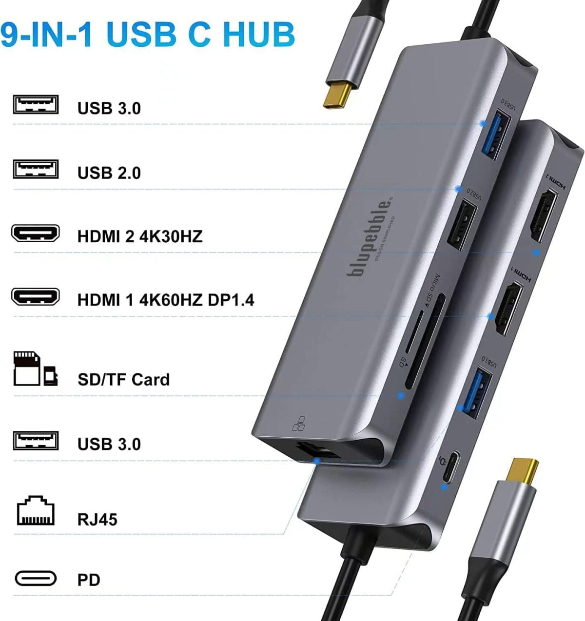 Blupebble 9-In-1 Usb C Hub 4K@60Hz Dual Hdmi Usb C Hub With Dual Hdmi