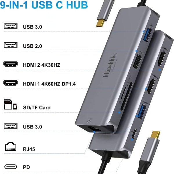 Blupebble 9-in-1 USB C Hub 4K@60Hz Dual HDMI USB C Hub with Dual HDMI