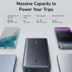 Anker 537 Power Bank (PowerCore 24K for Laptop) 65W Max Output and 30W Input 2-in-1 Fast Charging: When charging simultaneously, USB-C 1 has a maximum power output of 45W, which supports Laptop Charging. USB-C 2 has a max output of 20W to charge a phone. High Capacity: With 24,000mah capacity, power an iPhone 13 Pro 4.8 times or a 2021 Macbook Pro 14'' 0.9times. What's In the Box: Anker 537 Power Bank ( Powercore 24K), welcome guide, travel pouch, and USB C-C cable.