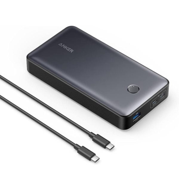 Anker 537 Power Bank (PowerCore 24K for Laptop) 65W Max Output and 30W Input 2-in-1 Fast Charging: When charging simultaneously, USB-C 1 has a maximum power output of 45W, which supports Laptop Charging. USB-C 2 has a max output of 20W to charge a phone. High Capacity: With 24,000mah capacity, power an iPhone 13 Pro 4.8 times or a 2021 Macbook Pro 14'' 0.9times. What's In the Box: Anker 537 Power Bank ( Powercore 24K), welcome guide, travel pouch, and USB C-C cable.