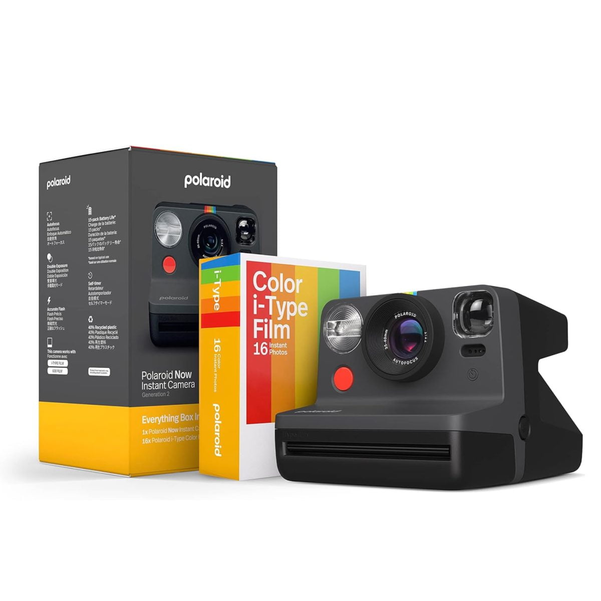 Polaroid Now 2Nd Generation I-Type Instant Camera + Film Bundle - Now Black Camera + 16 Color Photos (6248)