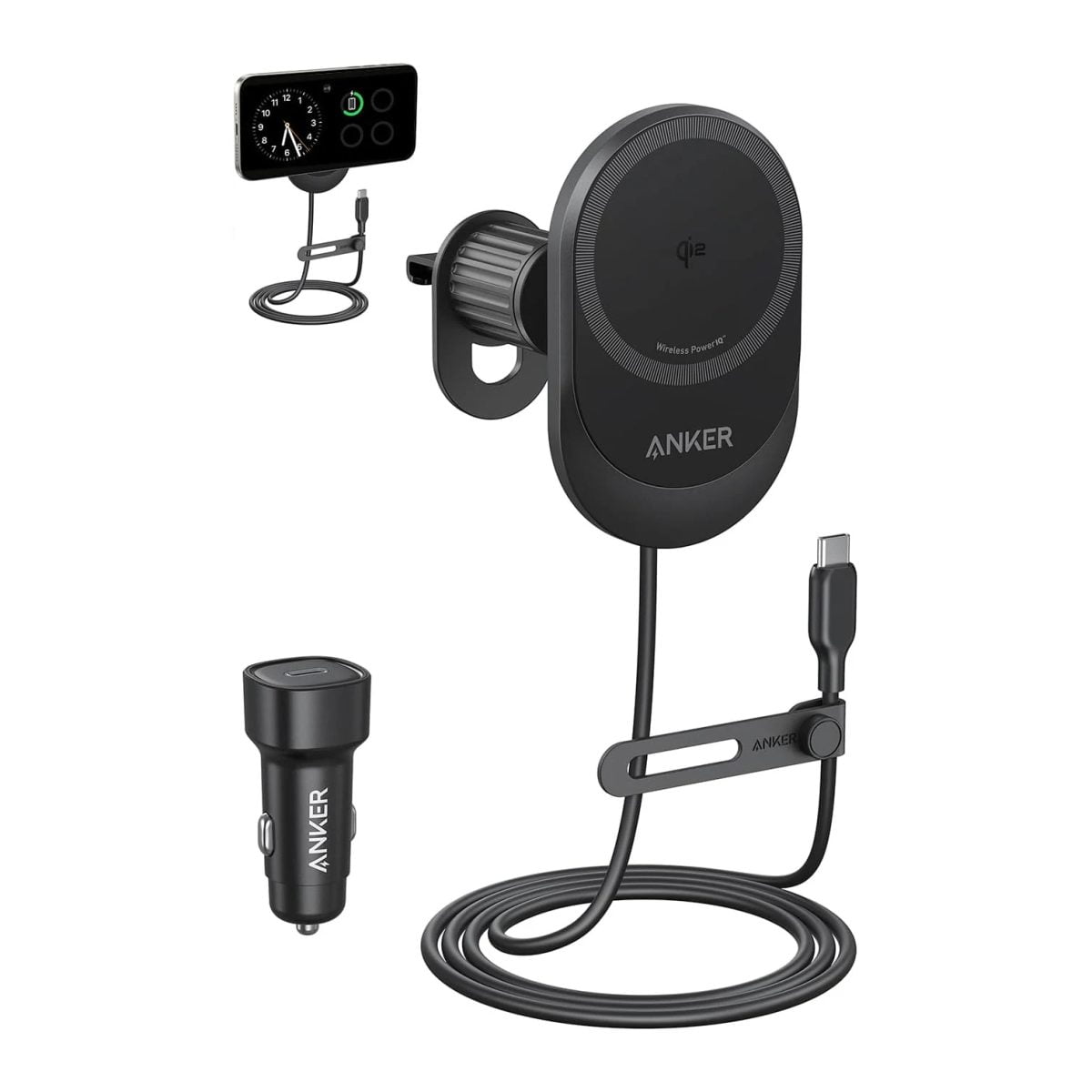 Anker Maggo Wireless Car Charger (Pad, Built-In Usb-C Cable) With Car Adapter - B2932111