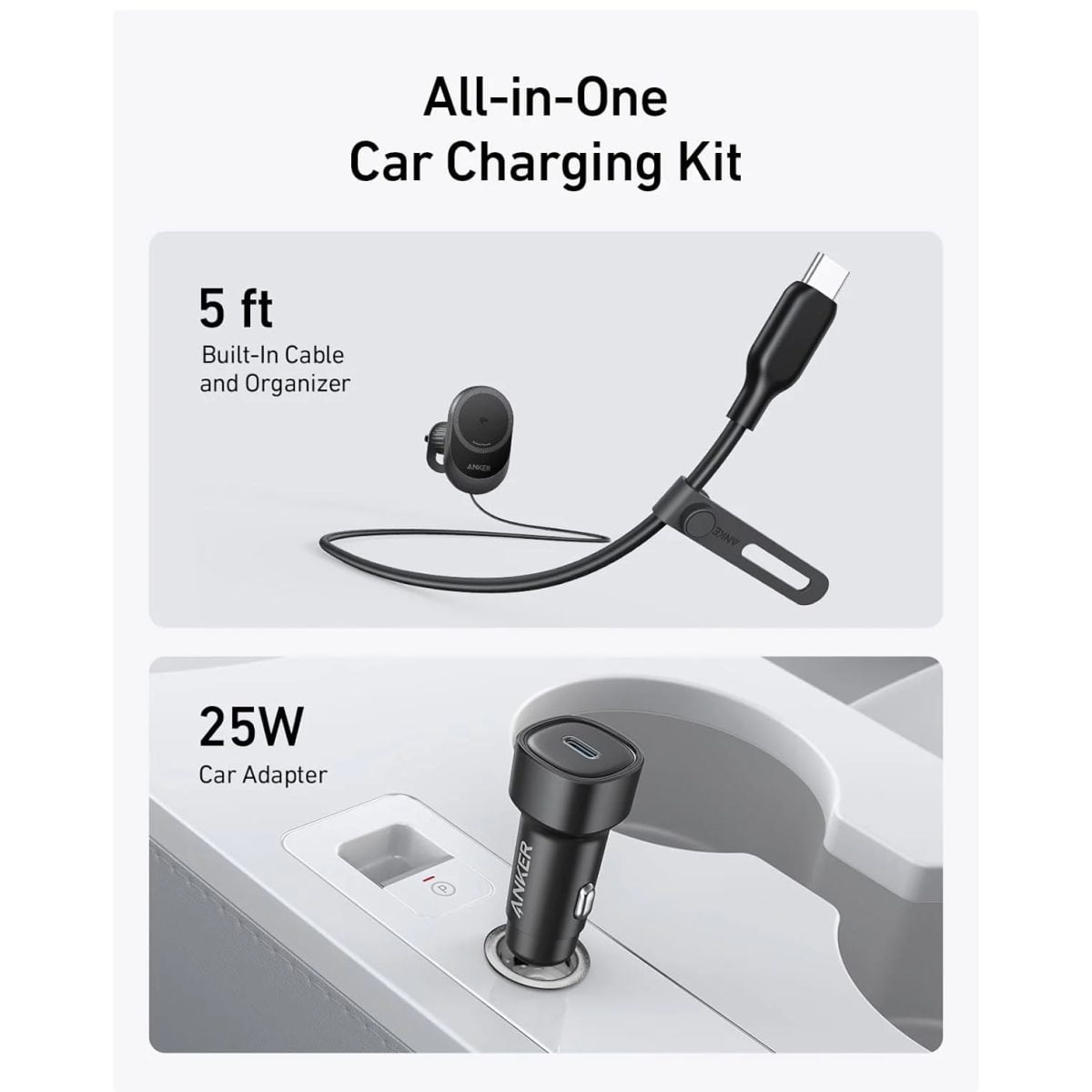 Anker Maggo Wireless Car Charger (Pad, Built-In Usb-C Cable) With Car Adapter - B2932111