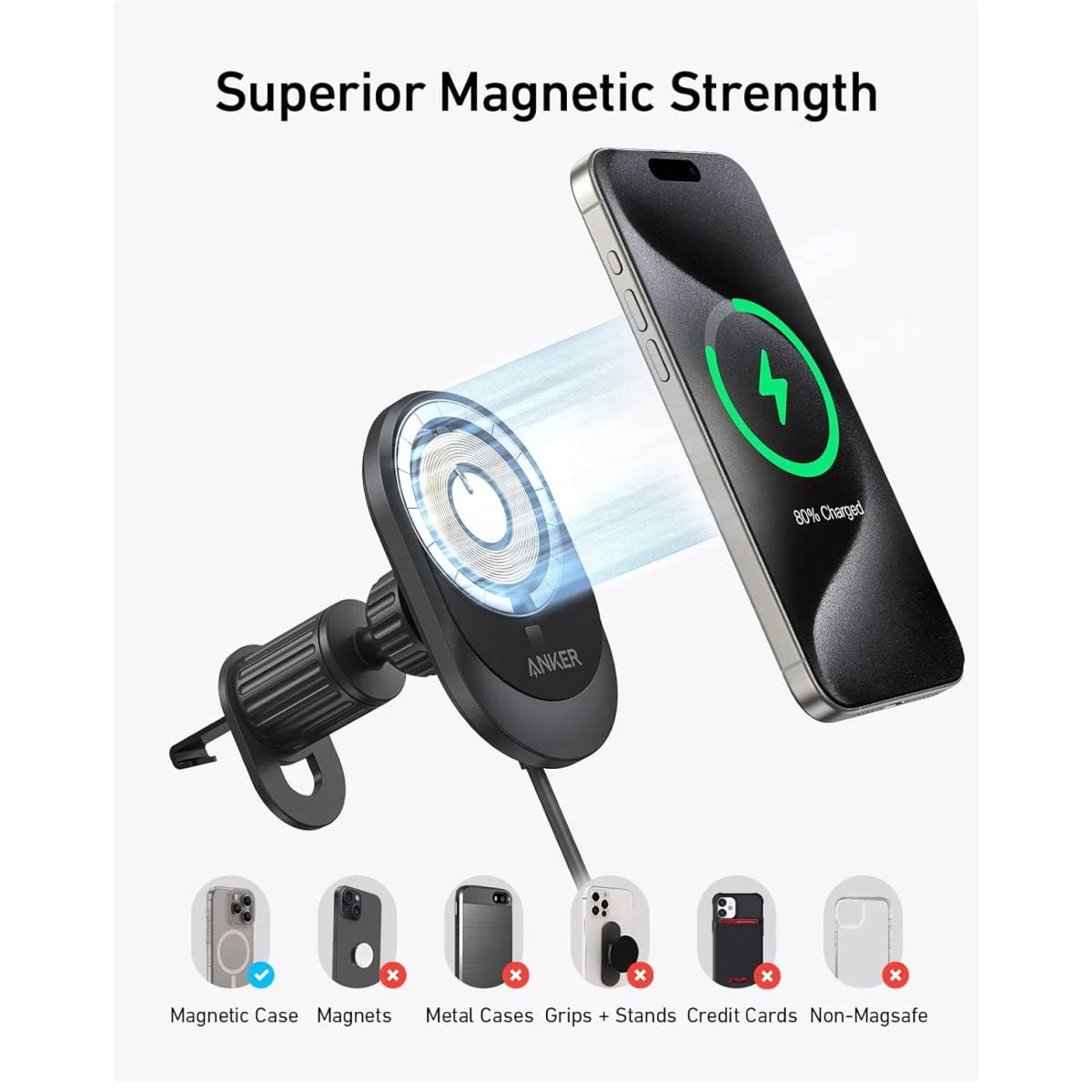 Anker Maggo Wireless Car Charger (Pad, Built-In Usb-C Cable) With Car Adapter - B2932111