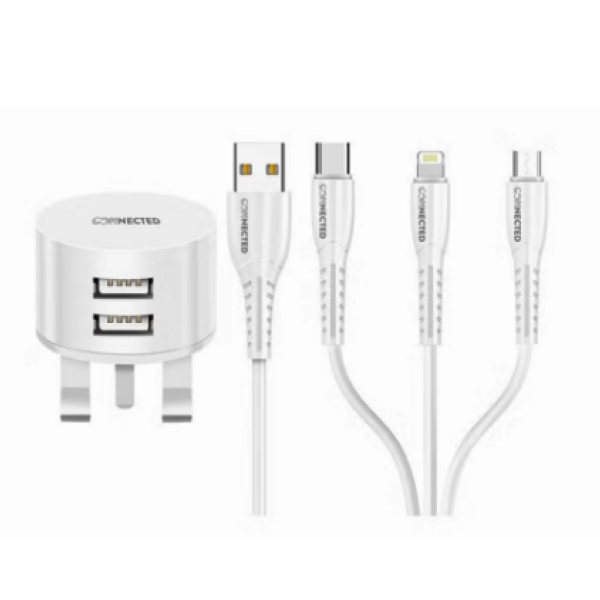 Connected Eco-Trio Wall Charger With 3 In 1 Data Sync Charging Cable White