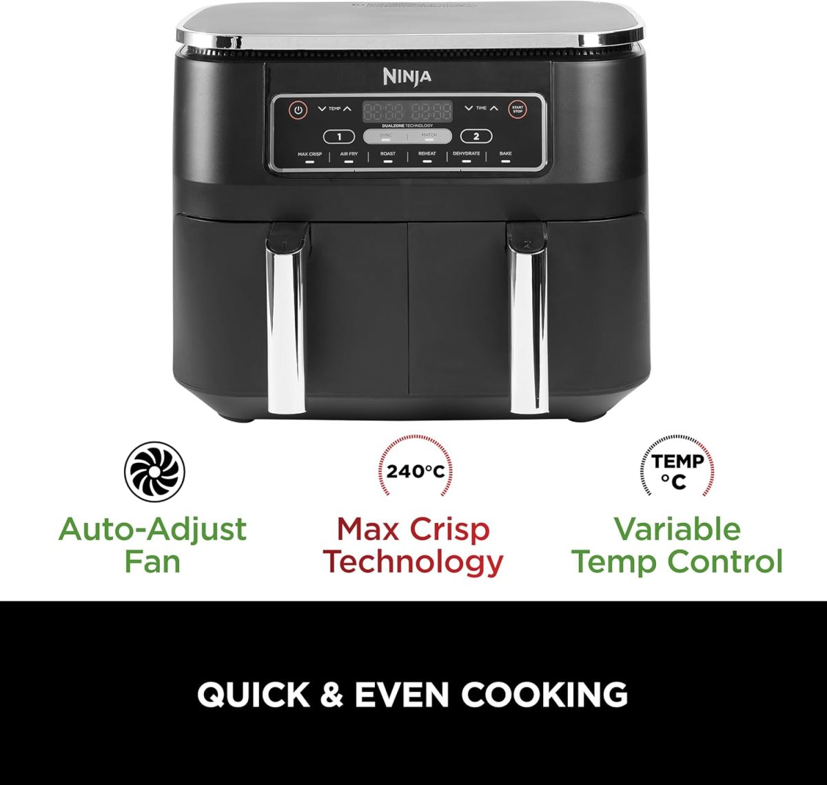 Nninja Foodi Dual Zone Digital Air Fryer, 2 Drawers, 7.6L, 6-In-1- Black Af300Me