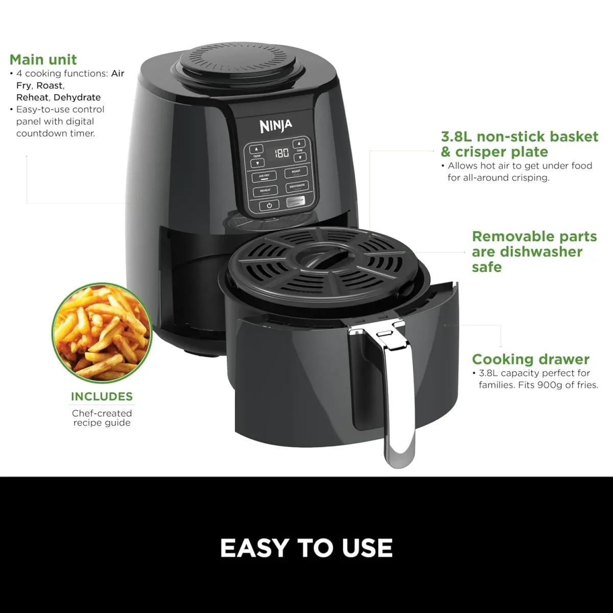 Ninja Air Fryer Af100Me, Roast, Reheat, Dehydrate, 3.8 L, 1550 Watts, Grey And Black
