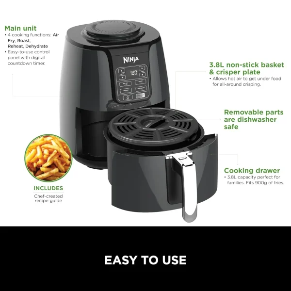 Ninja Air Fryer Af100ME, Roast, Reheat, Dehydrate, 3.8 L, 1550 Watts, Grey And Black