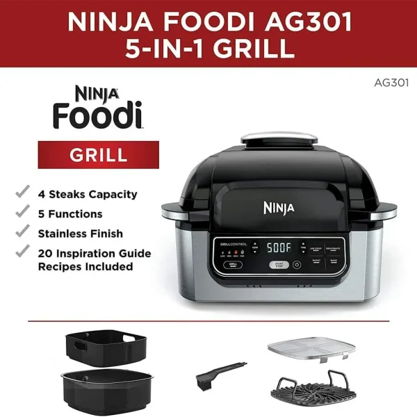 Ninja Foodi AG301, 5 In 1 Indoor Electric Countertop Grill With 4 Quart Air Fryer - Silver