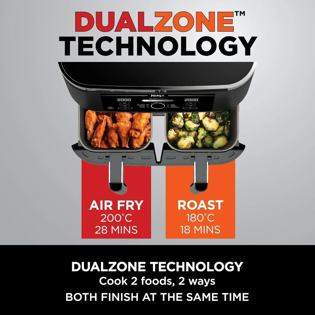 Ninja Foodi Dual Zone Digital Air Fryer, 2 Drawers, 7.6L, 6-In-1- Black Af300Me