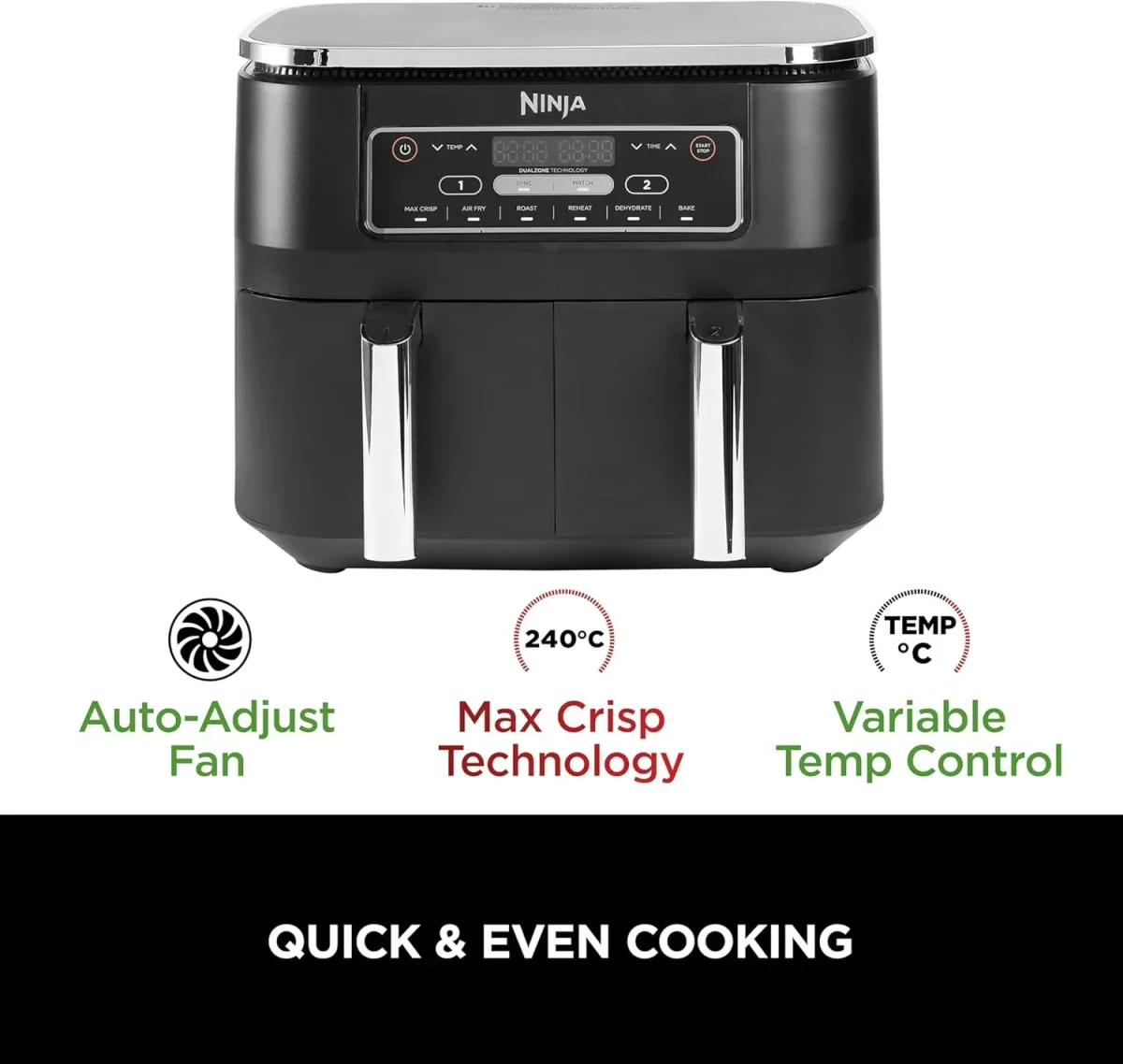 Ninja Foodi Dual Zone Digital Air Fryer, 2 Drawers, 7.6L, 6-In-1- Black Af300Me