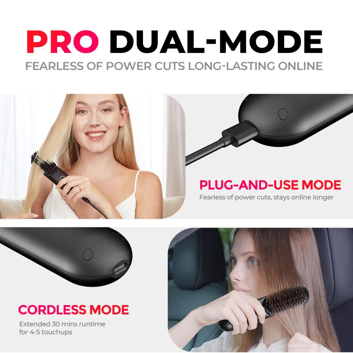 Tymo Porta Pro Cordless Portable Hair Straightening Brush (Dual Power Mode) Ty.hc122 -Black