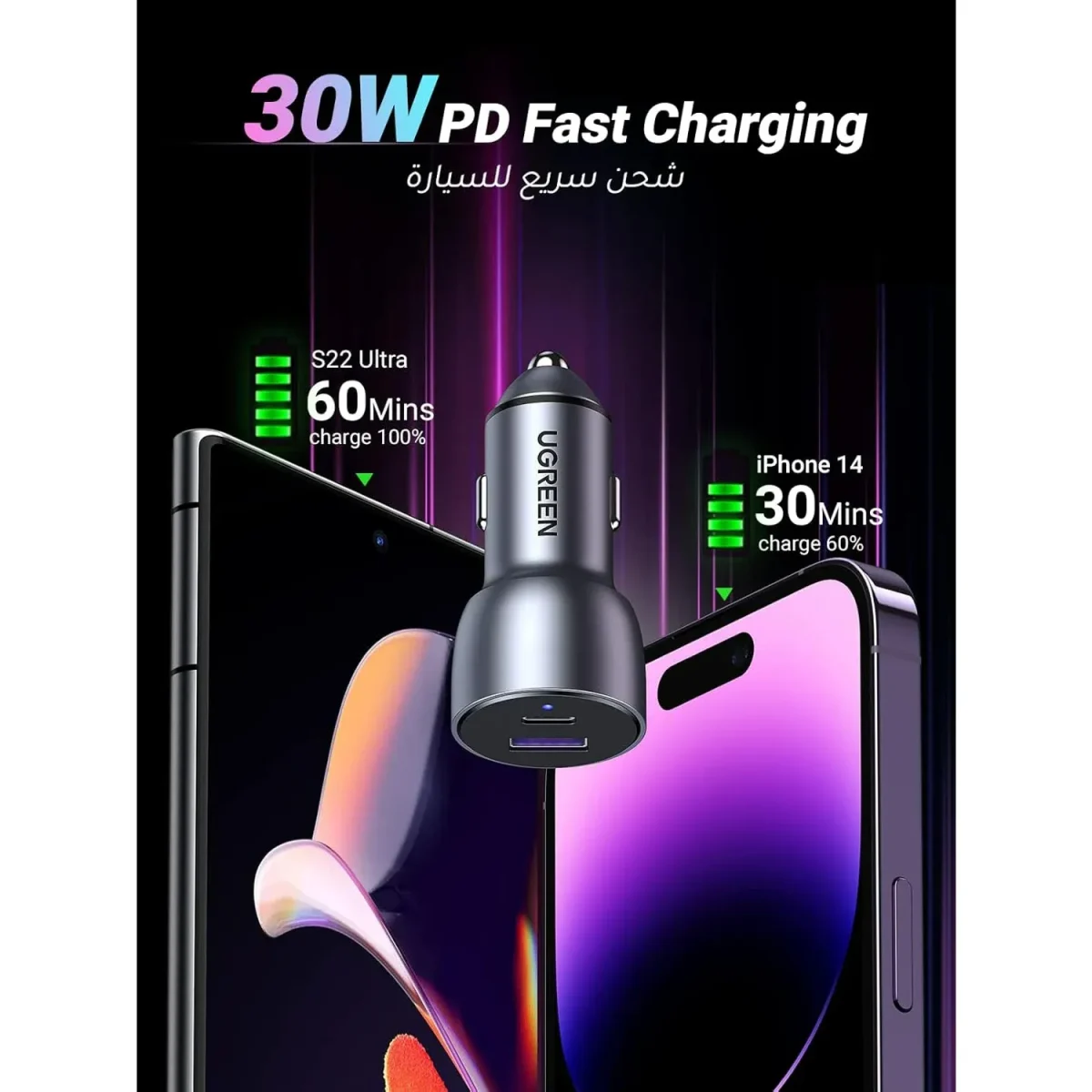 Ugreen 52.5W Fast Car Charger Pd30W , Scp 22.5W - Ug.cd213 Grey (2)
