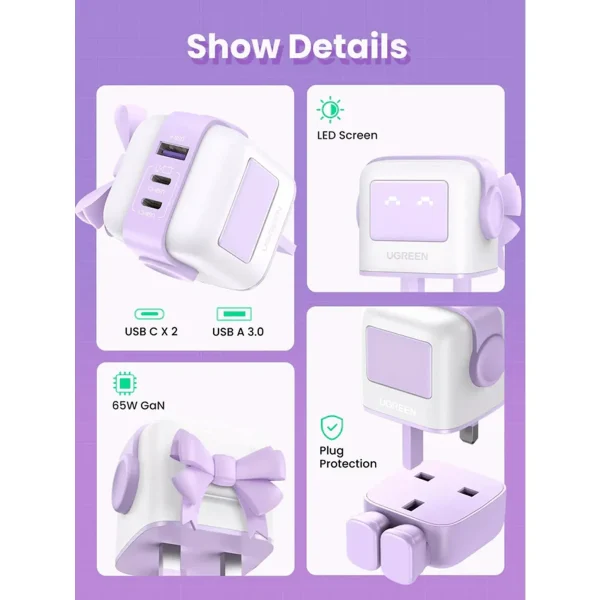 UGREEN UNO 65W USB C Charger 3-Port - UG.CD361 Purple