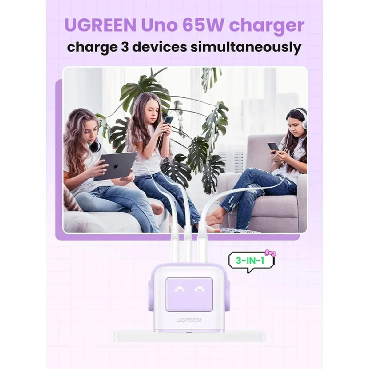 Ugreen Uno 65W Usb C Charger 3-Port - Ug.cd361 Purple