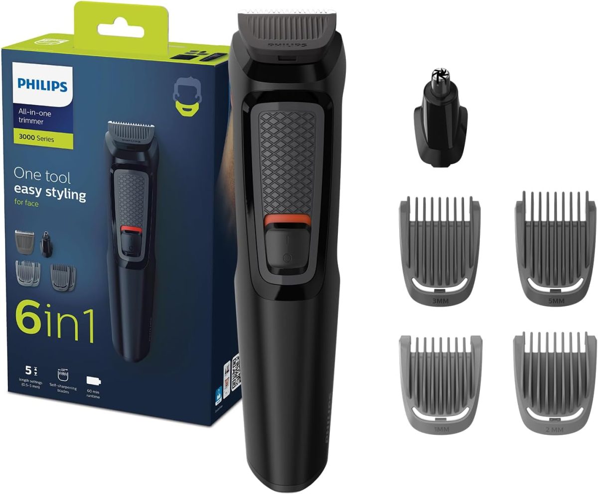 Philips Multigroom Series 3000 For Face, 6-In-1 Grooming Kit For Beard, Moustache, Nose &Amp;Amp; Ear Hair, Cordless, 60 Min Runtime - Mg3710