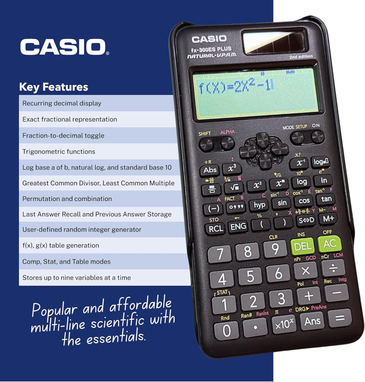Casio Fx-300Es Plus 2Nd Edition, Standard Scientific Calculator, Black