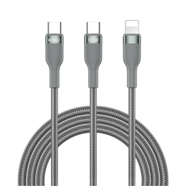 Wiwu Wi-C029 Concise 2 In 1 Type-C To Type-C To Lightning Charging Cable - Grey