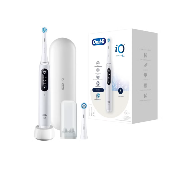 فرشاة أسنان كهربائية قابلة للشحن من نوع Oral-B iO Series 6N، مبنية ب الذكاء الاصطناعي - أبيض
