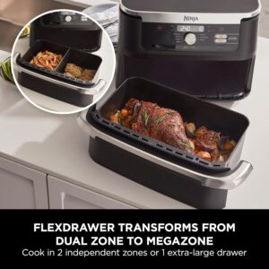 Ninja Foodi Flexdrawer Air Fryer Dual Zone With Removable Divider Large 10 4L Drawer 7 In 1 Air Fryer Uses No Oil Air Fry Roast Bake Max Crisp Black Af500Me 2 Years Warranty 5 Ninja Flexdrawer Transforms From Dualzone To An Extra-Large 10.4L Megazone Cook 2 Foods, 2 Ways In 2 Independent Cooking Zones, Or Fit Larger Foods In The Megazone Up To 65% Faster Than Fan Ovens* Air Fry: Up To 75% Less Fat Than Traditional Frying Methods** 7 Cooking Functions: Max Crisp, Air Fry, Roast, Bake, Reheat, Dehydrate, Prove *Tested Against Sausages And Fish Fingers. **Tested Against Deep-Fried, Hand-Cut French Fries Ninja Foodi Flexdrawer Megazone Air Fryer Ninja Foodi Flexdrawer Megazone Air Fryer 10.4L Af500Me